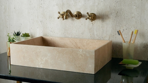 Бежевая раковина Biruta M4 из камня травертина Classico Romano ТУРЦИЯ 045004014 для ванной комнаты_3