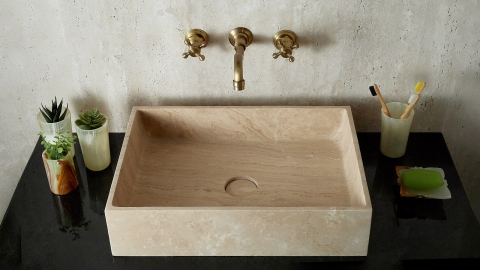 Бежевая раковина Biruta M4 из камня травертина Classico Romano ТУРЦИЯ 045004014 для ванной комнаты_4