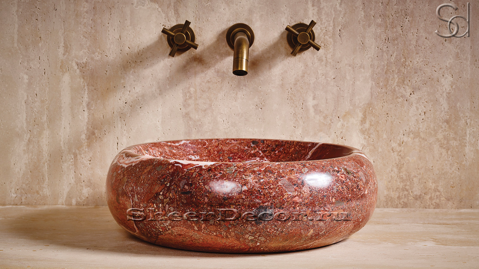 Красная раковина Bull из натурального мрамора Burgundy Honey ИНДИЯ 039041111 для ванной комнаты_2