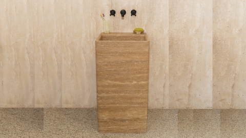 Бежевая раковина с пьедесталом Cubise M5 из камня травертина Classico Romano ТУРЦИЯ 932004075 для ванной комнаты_2