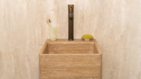 Бежевая раковина с пьедесталом Cubise M5 из камня травертина Classico Romano ТУРЦИЯ 932004075 для ванной комнаты_5