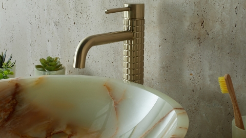 Накладной смеситель для раковины Diama Crystal с глянцевой фактурой из латуни сорта Brushed Gold золотого цвета ИНДИЯ 688546103_6