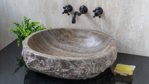 Серая раковина Distrito из камня травертина Silver travertine ТУРЦИЯ 014399311 для ванной комнаты_1