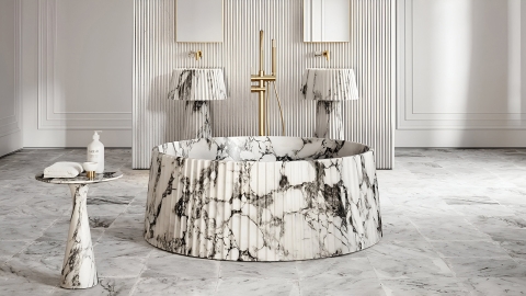 Мраморная ванна круглой формы Lampada Bathtub из белого камня Arabescato пиленая фактура_2