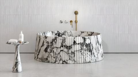 Мраморная ванна круглой формы Lampada Bathtub из белого камня Arabescato пиленая фактура_3