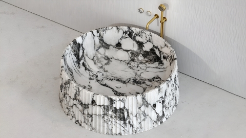 Мраморная ванна круглой формы Lampada Bathtub из белого камня Arabescato пиленая фактура_4