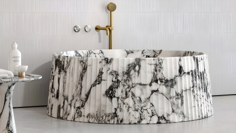 Мраморная ванна круглой формы Lampada Bathtub из белого камня Arabescato пиленая фактура_5