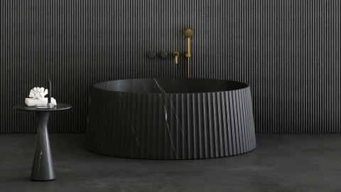 Мраморная ванна круглой формы Lampada Bathtub из черного камня Nero Marquina пиленая фактура_1