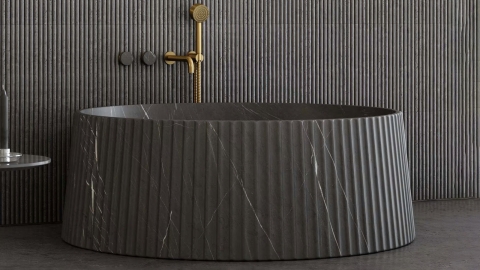 Мраморная ванна круглой формы Lampada Bathtub из черного камня Nero Marquina пиленая фактура_2