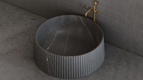 Мраморная ванна круглой формы Lampada Bathtub из черного камня Nero Marquina пиленая фактура_3