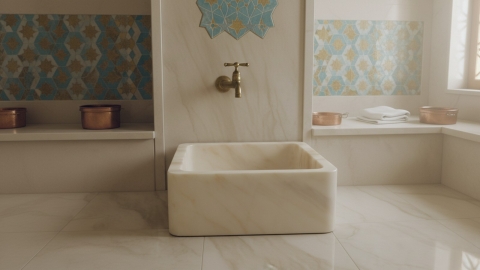 Мраморная раковина квадратной формы Meik из розового камня Sunset Red_2