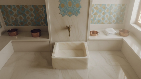 Мраморная раковина квадратной формы Meik из розового камня Sunset Red_3