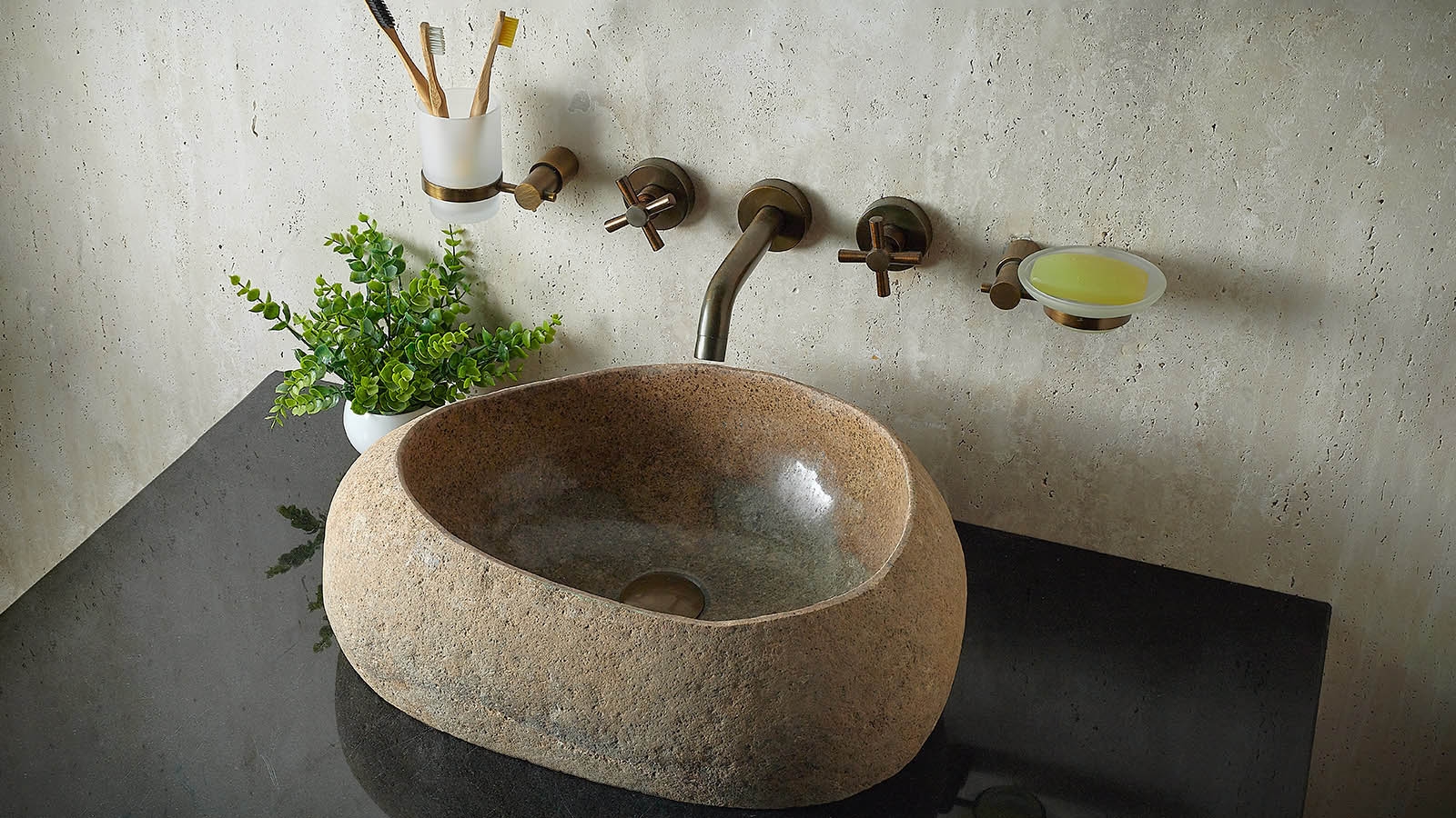 Гранитная раковина Piedra из речного камня Beige 00501111395_4 Мойка в ванную Piedra M395 из речного камня Beige ИНДОНЕЗИЯ 00501111395_4