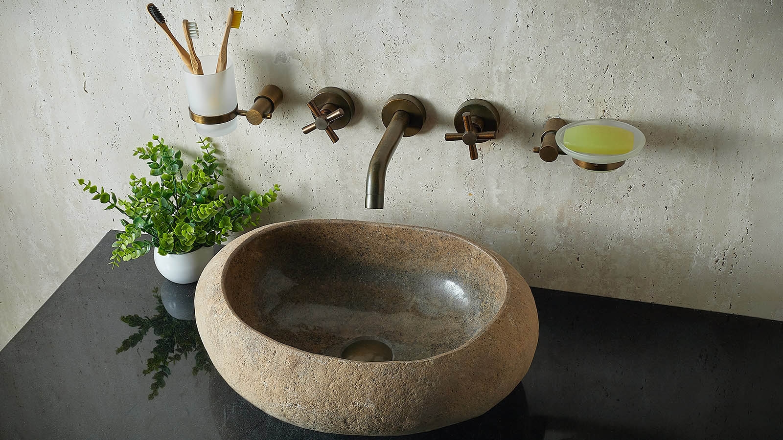 Гранитная мойка Piedra из речного камня Beige 00501111510_4 Раковина для ванной Piedra M510 из речного камня Beige ИНДОНЕЗИЯ 00501111510_4