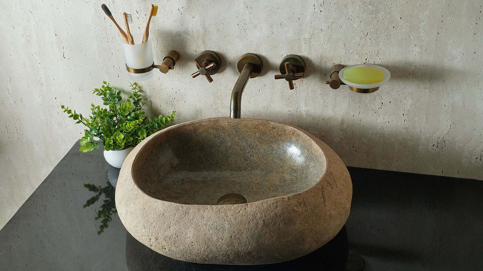 Гранитная мойка Piedra из речного камня Beige 00501111431_4 Раковина для ванной Piedra M431 из речного камня Beige ИНДОНЕЗИЯ 00501111431_4