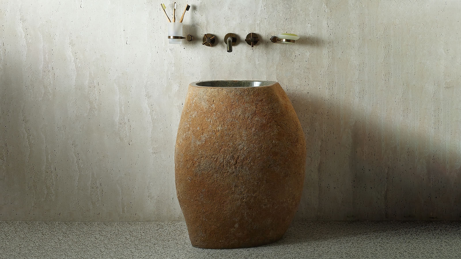 Гранитная мойка Piedra из речного камня Gris 00504517555_5 Раковина на ножке пьедестале Piedra M555 из речного камня Gris ИНДОНЕЗИЯ 00504517555_5