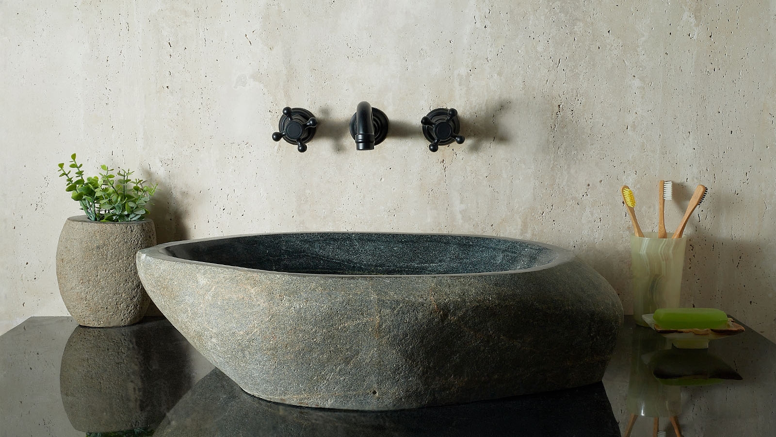 Гранитная мойка Piedra из речного камня Gris 00504511584_5 Раковина для ванной Piedra M584 из речного камня Gris ИНДОНЕЗИЯ 00504511584_5