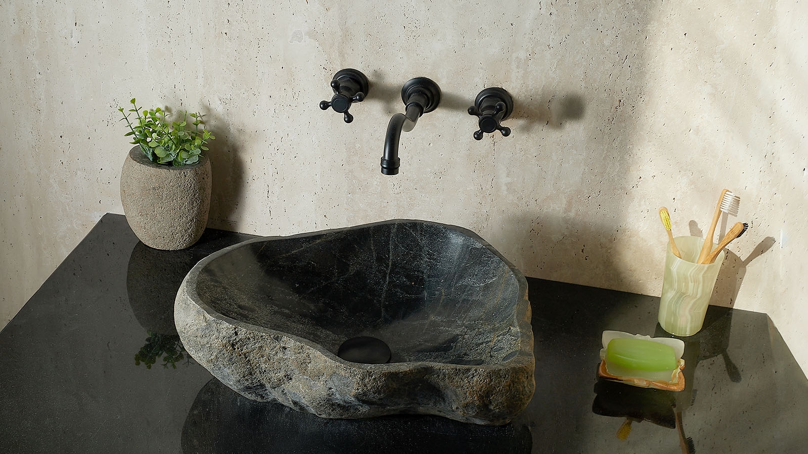 Гранитная мойка Piedra из речного камня Gris 00504511579_5 Раковина для ванной Piedra M579 из речного камня Gris ИНДОНЕЗИЯ 00504511579_5