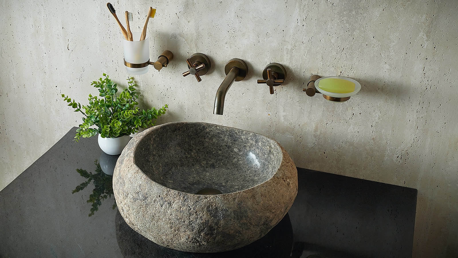 Гранитная мойка Piedra из речного камня Gris 00504511559_4 Раковина для ванной Piedra M559 из речного камня Gris ИНДОНЕЗИЯ 00504511559_4