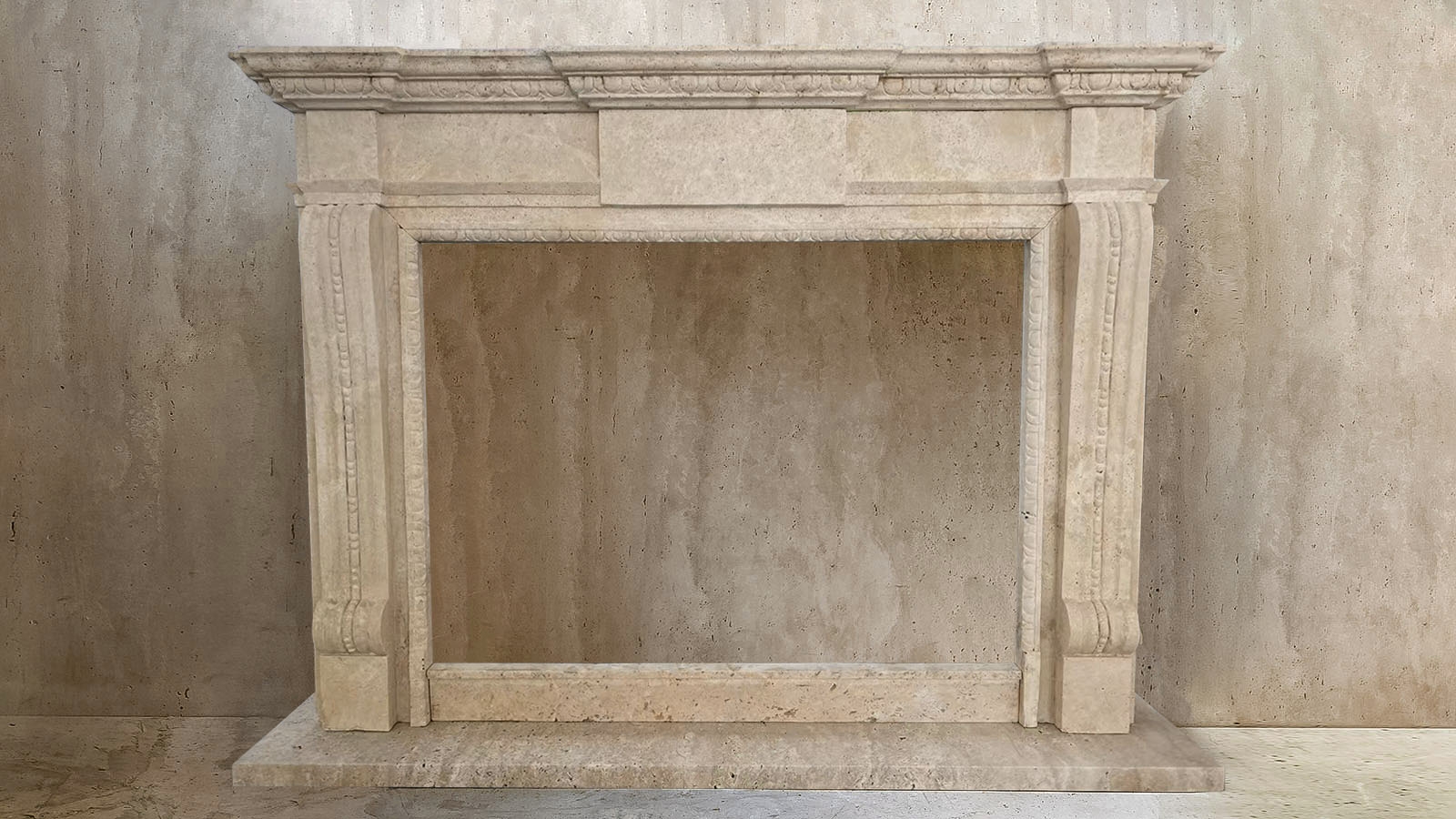 Каменный портал для облицовки камина Samon из травертина Classico Romano 631004001_1 Декоративный портал бежевого цвета для облицовки камина Samon из камня травертина Classico Romano 631004001_1