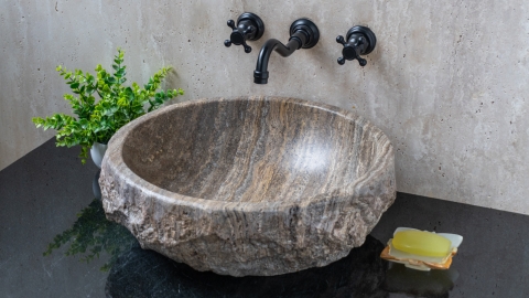 Каменная мойка Sfera из серого травертина Silver travertine ТУРЦИЯ 001399311 для ванной комнаты_1