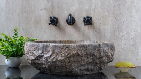 Каменная мойка Sfera из серого травертина Silver travertine ТУРЦИЯ 001399311 для ванной комнаты_2
