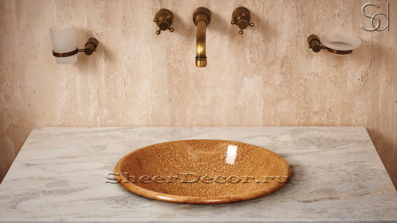 Мраморная раковина Sfera M2 из коричневого камня Wooden Yellow ЕГИПЕТ 001032112 для ванной комнаты_3