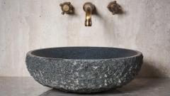 Гранитная раковина круглой формы Sfera из черного камня Grey Pearl колотая_1