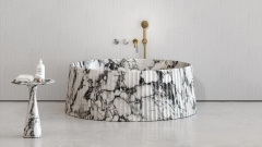 Мраморная ванна круглой формы Lampada Bathtub из белого камня Arabescato пиленая фактура_1